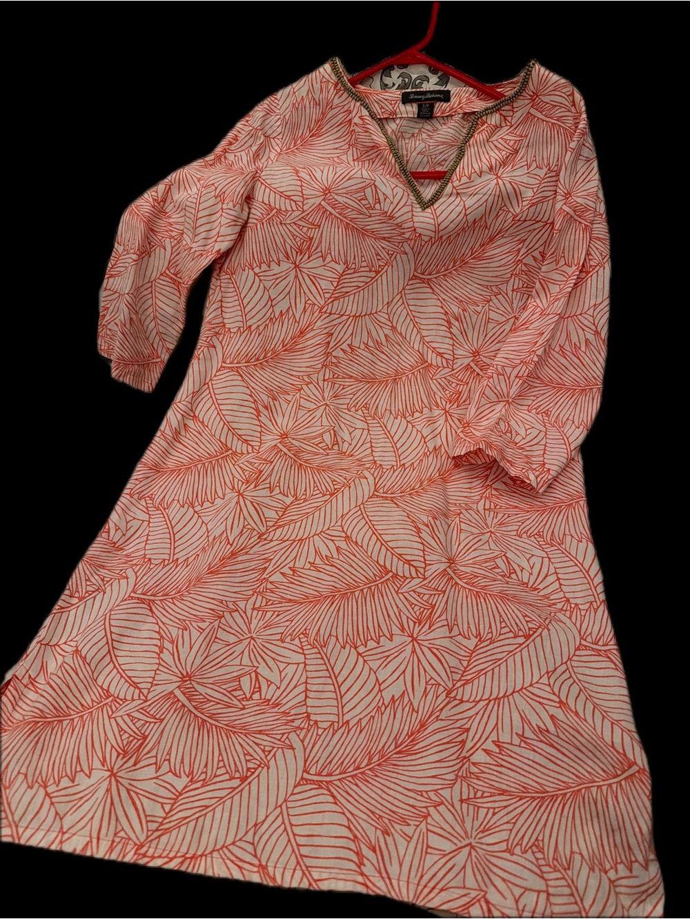 Tommy Bahama Coral and White Leaf Print V-Neck Tunic